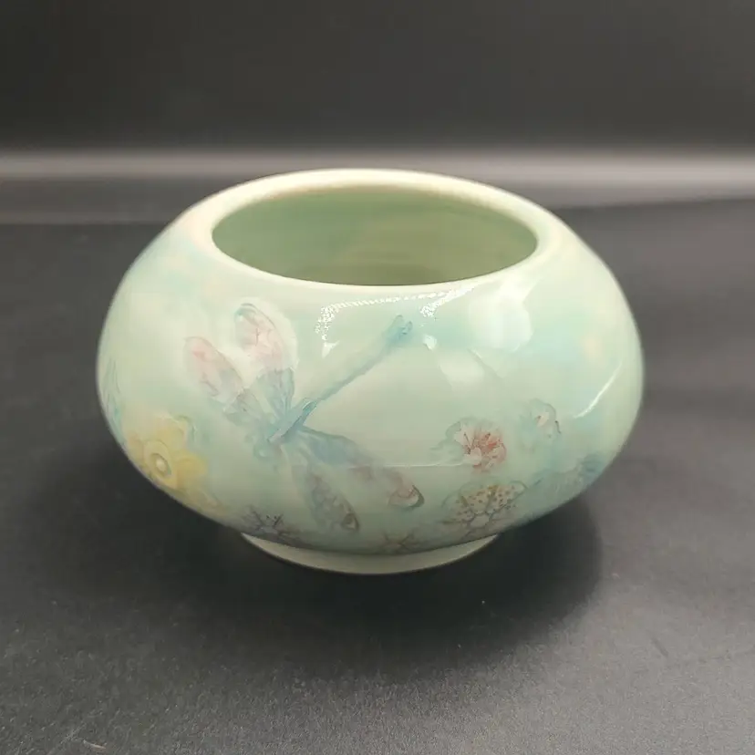 Vtg Pequog Pottery By Jamie Oats Dragonfly Flower Frog