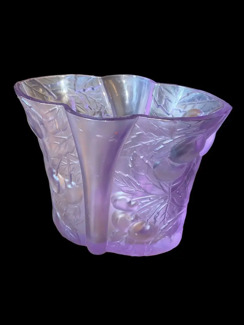 Vintage Josef Inwald Barolac Czech Glass Satin Purple Vase Cherries 5.25"