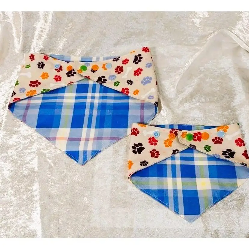 Dog Bandana Reversible and Adjustable Fit, Handmade, Choose Size, Rainbow and Blue Plaid