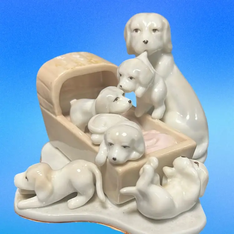 Vintage Porcelain “Cradle Puppies” Mother Dog Figure Christmas Gift Idea For Dog Lovers