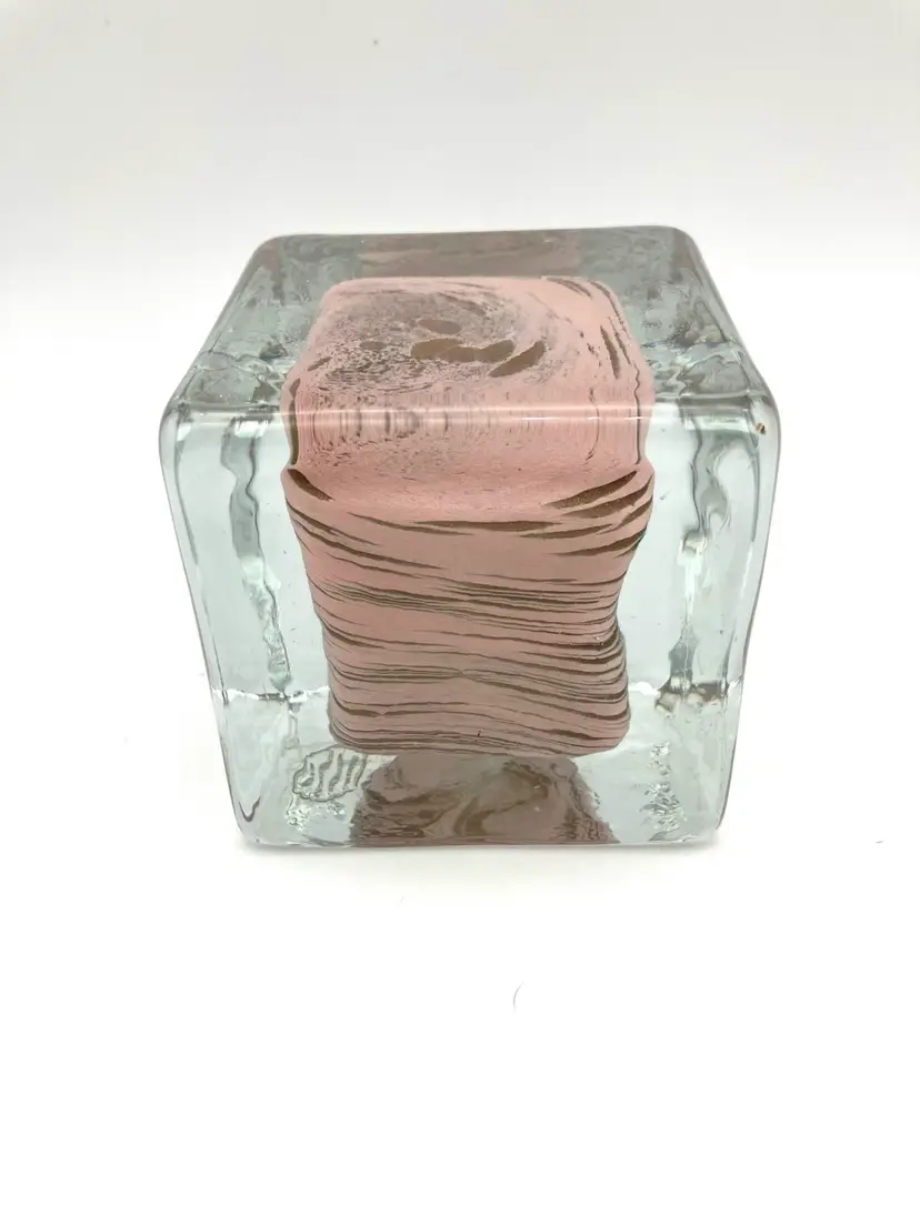 BIN - Large Art Glass Cube Paperweight-Pink 3.25” China