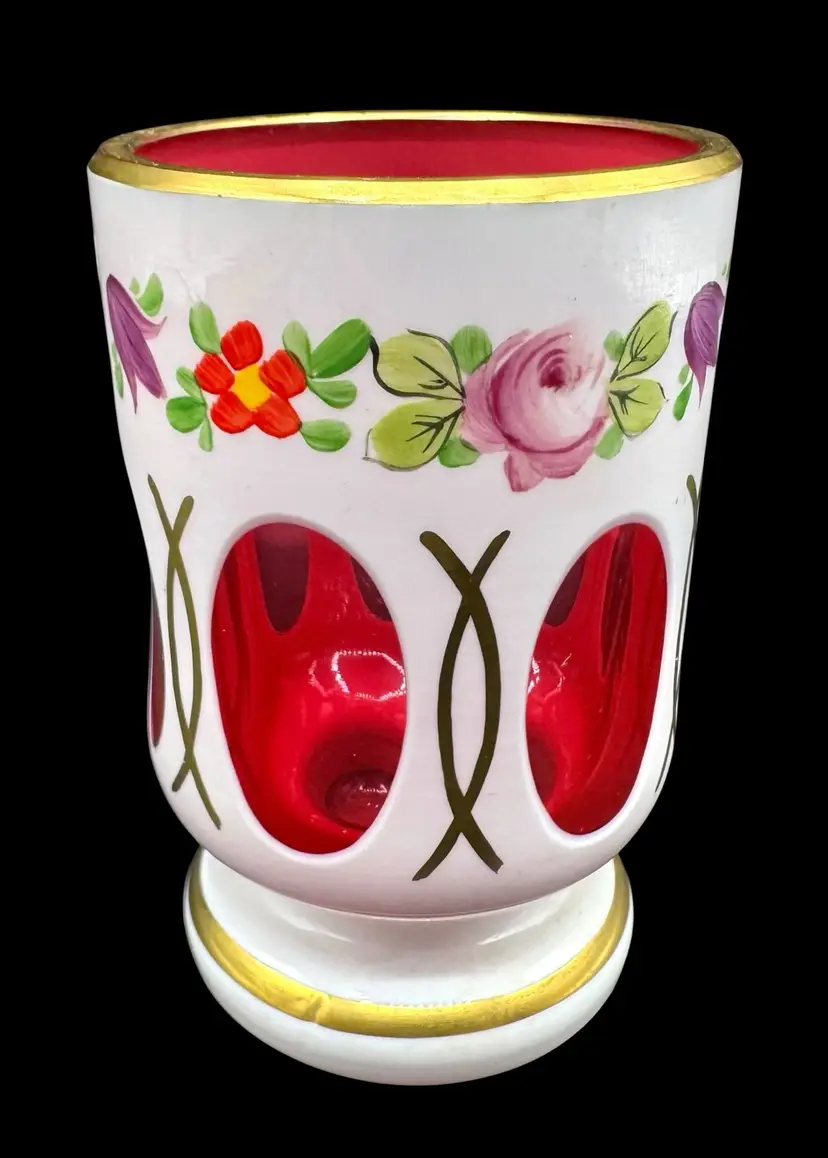 Vintage Bohemian Glass White Cut to Cranberry Pink Toothpick Holder Floral 3.25”