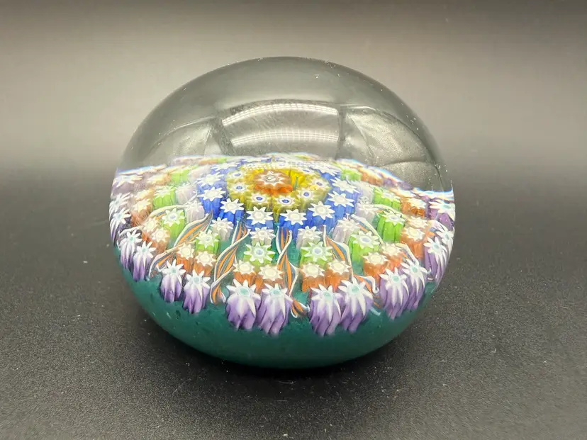 Perthshire Millefiori Spoke P Cane Glass Paperweight Scotland Teal base