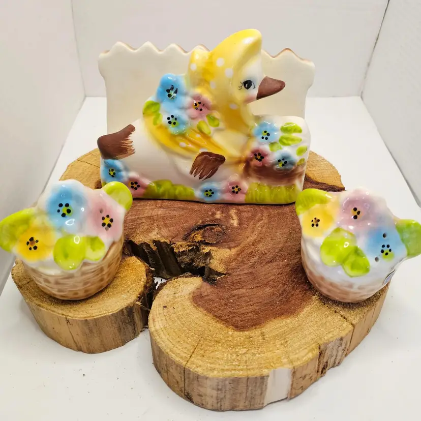 Mother Goose Flowers in Basket Napkin Holder and Salt and Pepper Shakers