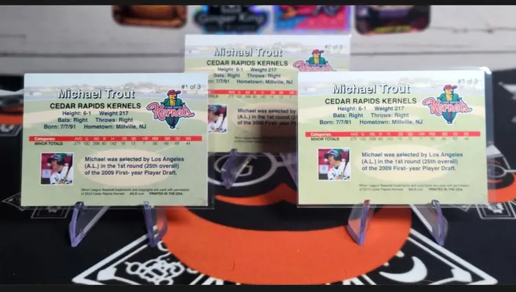 Michael Trout 2010 Cedar Rapids Kernels Rising Alumni Complete 3-Card Set