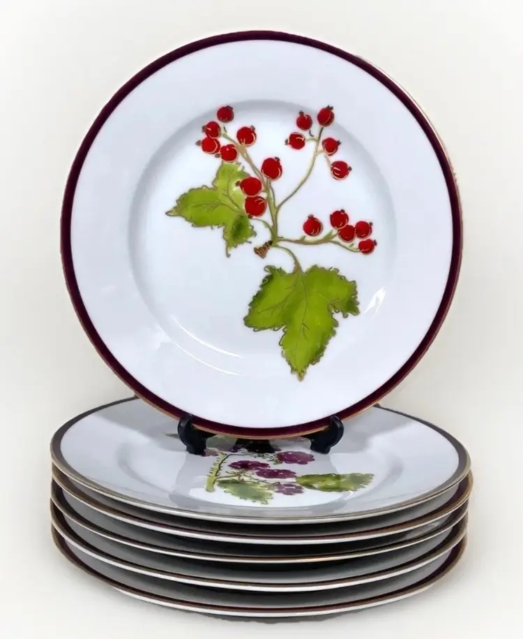 Crate & Barrel Dessert Plates Berries Theme Gold Trim Country Home Set of 6