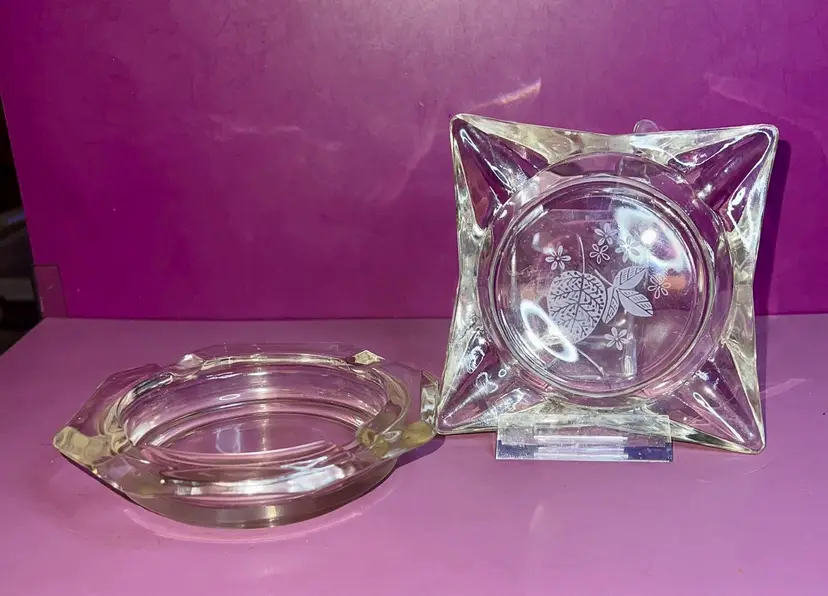 Set Of Two Vintage Clear Glass Ashtray Etched Floral Atomic