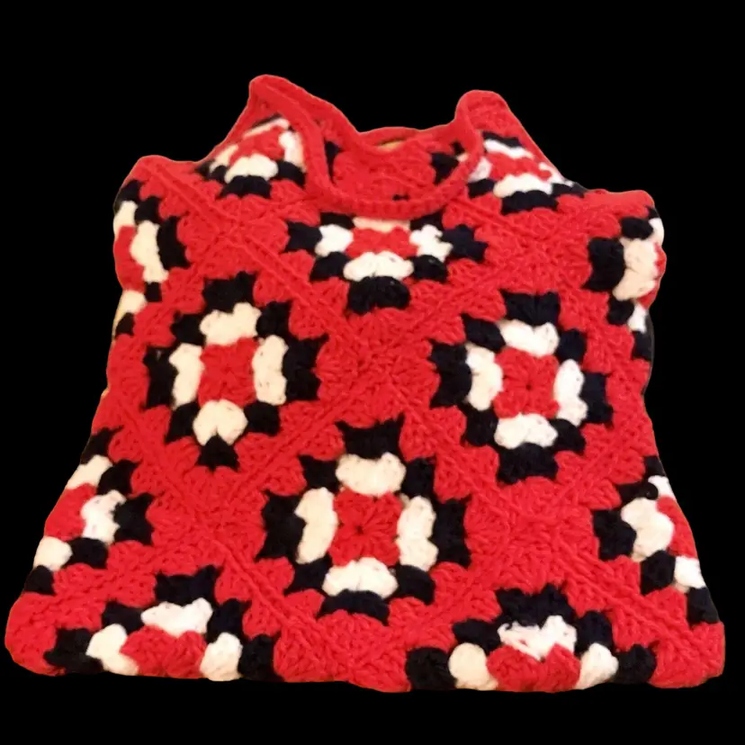 Vintage Handmade Granny Square Red, White & Navy Handbag Purse 12”