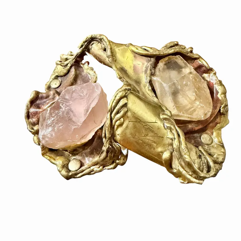 Vintage Copa Collection Brutalist Sculpture Signed Art Carvalhu Rio Brazil Raw Quartz Rose Quartz Citrine Brass Art Object 1970s