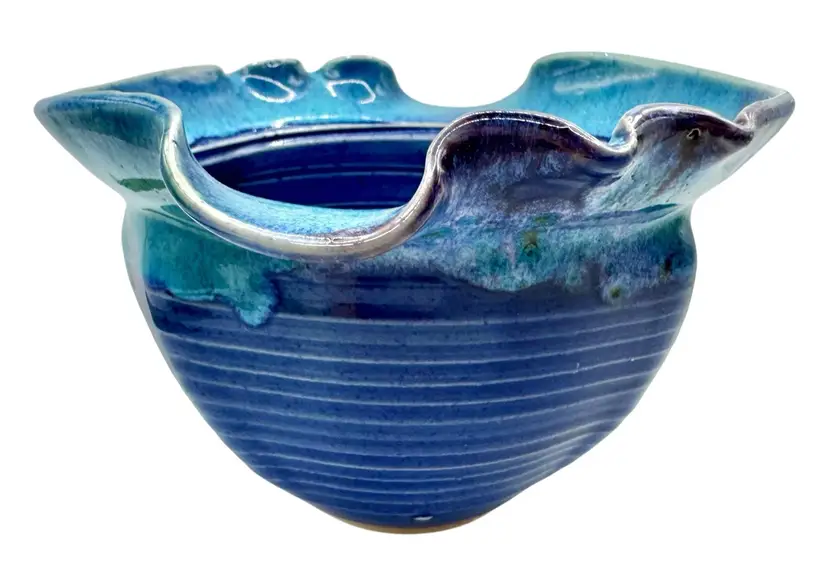 Signed Handmade Studio Art Pottery Bowl Ruffled Blue Drip Glaze 2000 4.25x6.25”
