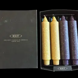 (4) Root Grecian Collenette Timberline 7” Candles Purple Cream Unlit