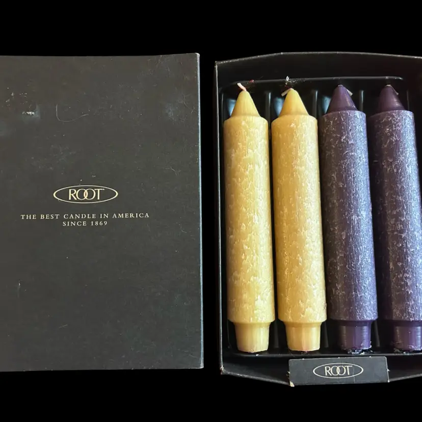 (4) Root Grecian Collenette Timberline 7” Candles Purple Cream Unlit