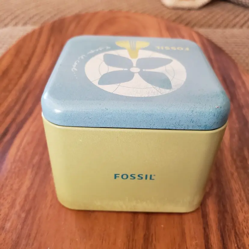 Fossil Metal Tin EMPTY Box Keep It Cool 3" Tall 3 1/2" Square Watch Storage