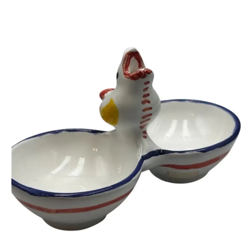 Hand-painted Italian ceramic bird-shaped double relish dish