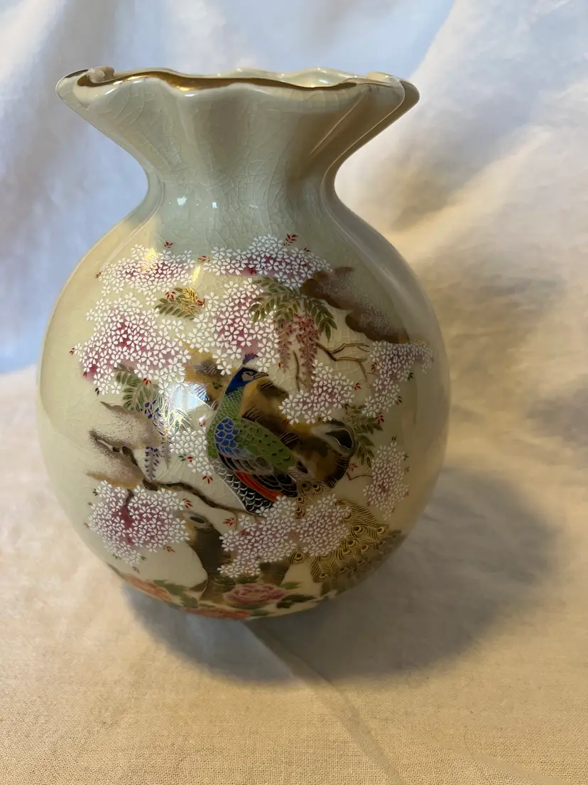 Shaddy Mino Porcelain China Vase from Japan - Hand Painted Peacock
