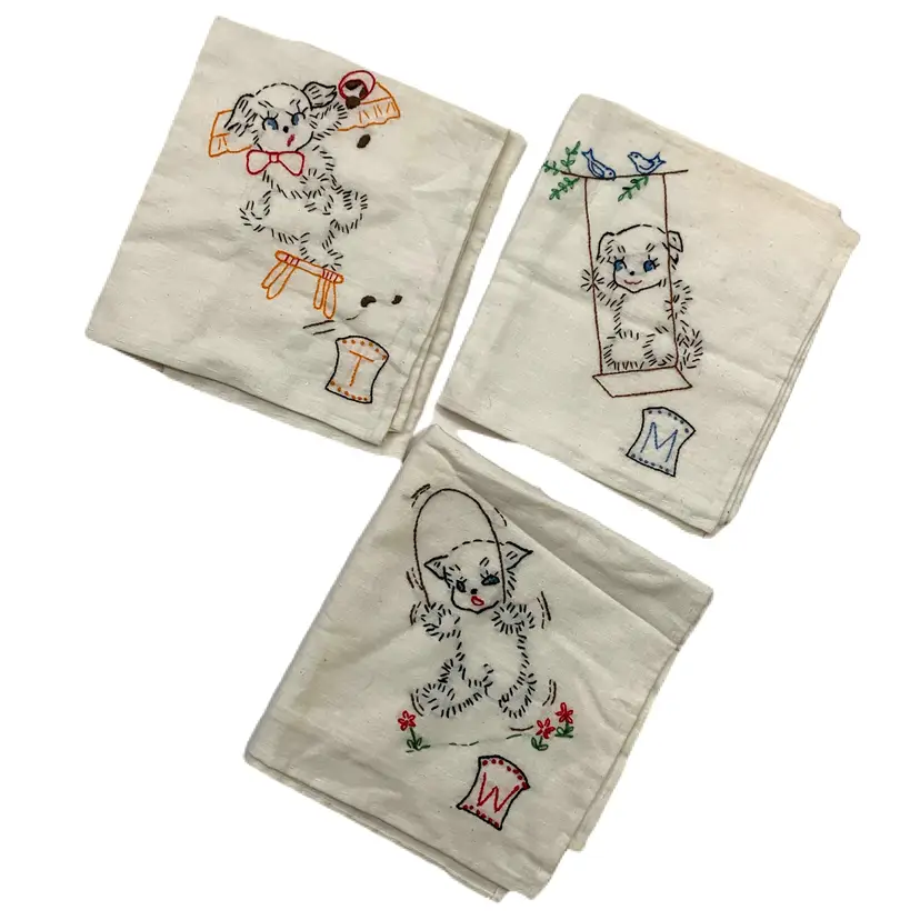 Embroidered Weekday Kitchen Dish Towels Kittens Cottage Core Country Farmhouse