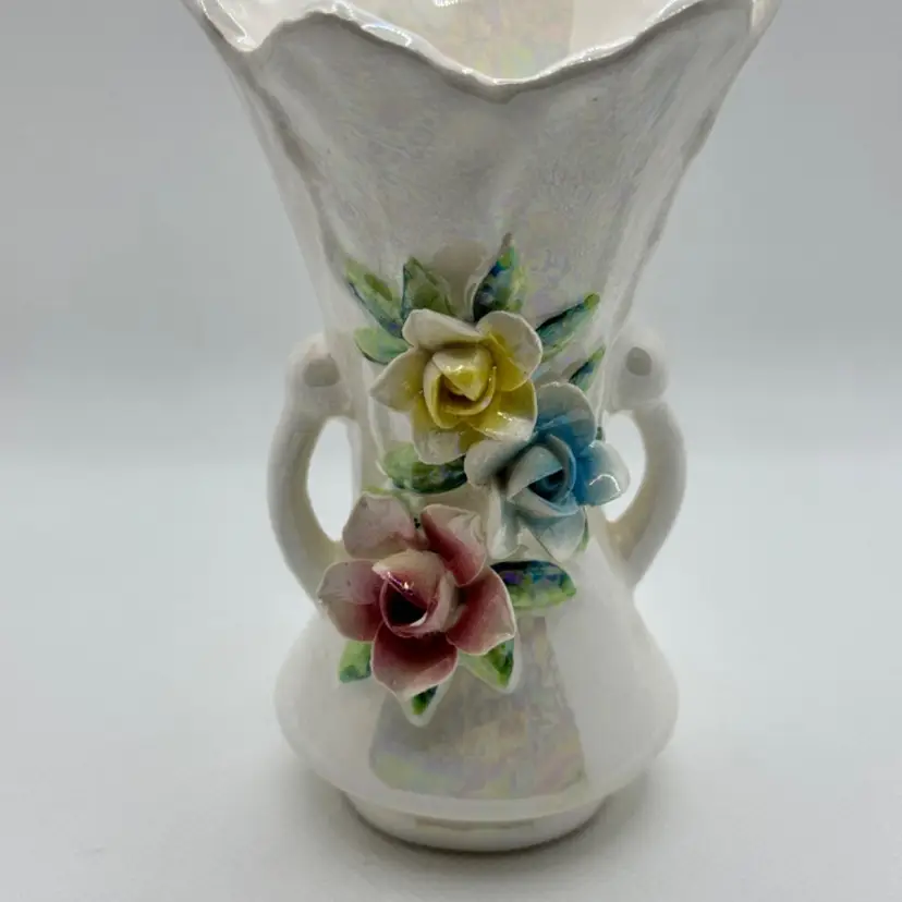 Vintage Iridescent Vase Planter Applied Floral Flowers Porcelain, Sun Fashion Giftware KIMCO, Made In Japan