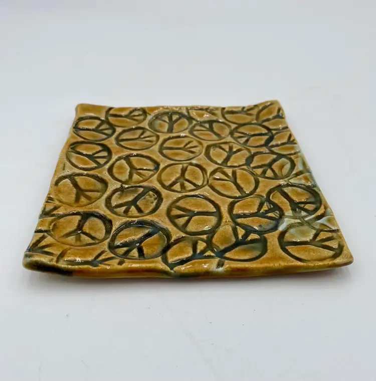 Handmade Pottery Stamped Peace Sign Trinket Dish, Brown/Yellow