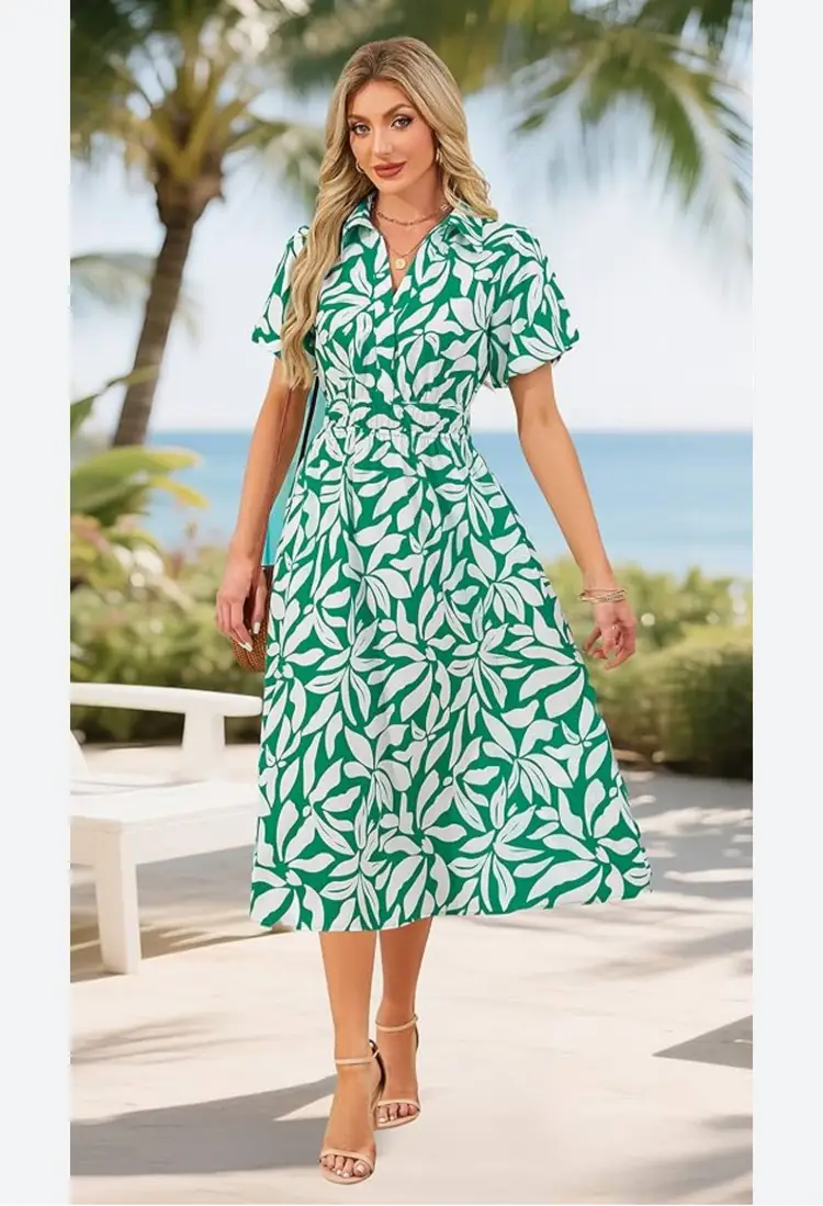 0654 NWT FENSACE Midi Summer / Vaca Floral Dress Small Collared V Neck Puff Short Sleeve