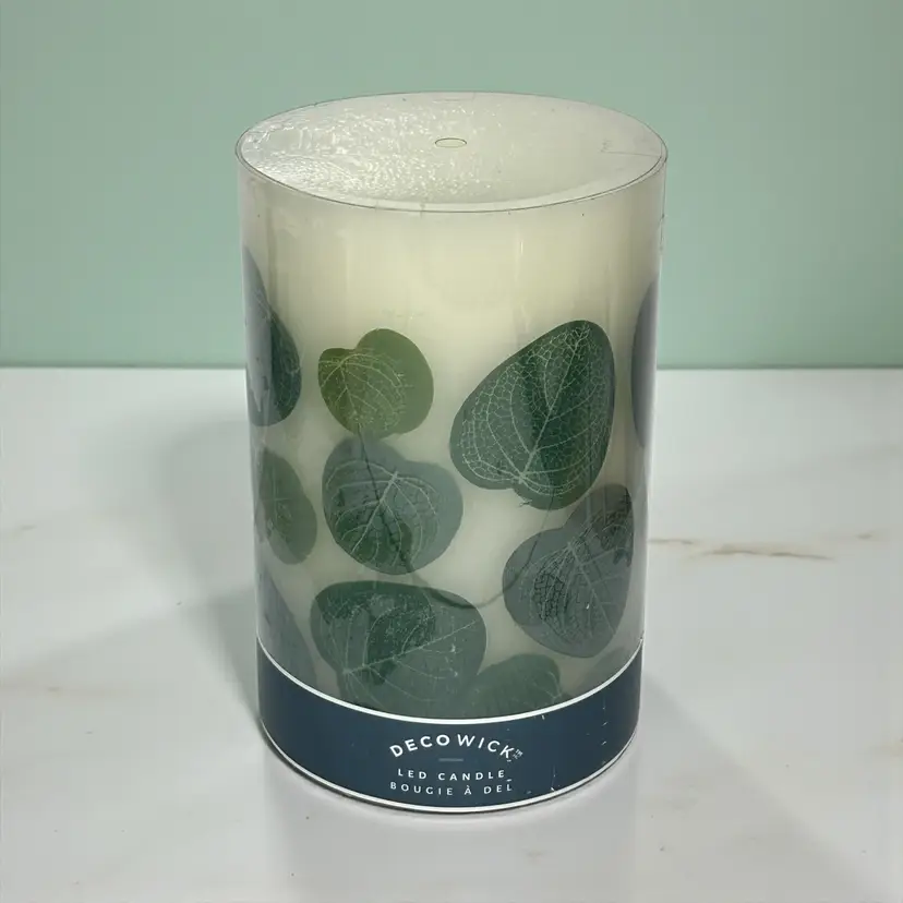Pier 1 Deco Wick Flameless LED Pillar Candle Eucalyptus Leaves 6" NEW!