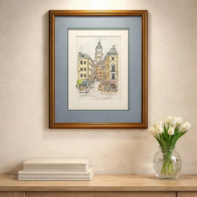 1980 Framed, Matted & Signed by A Pacheco Watercolor Sketch of Stockholm Sweden