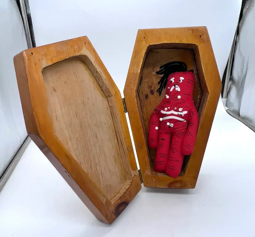 Handmade Wooden 11” Coffin With Cloth Voodoo Doll