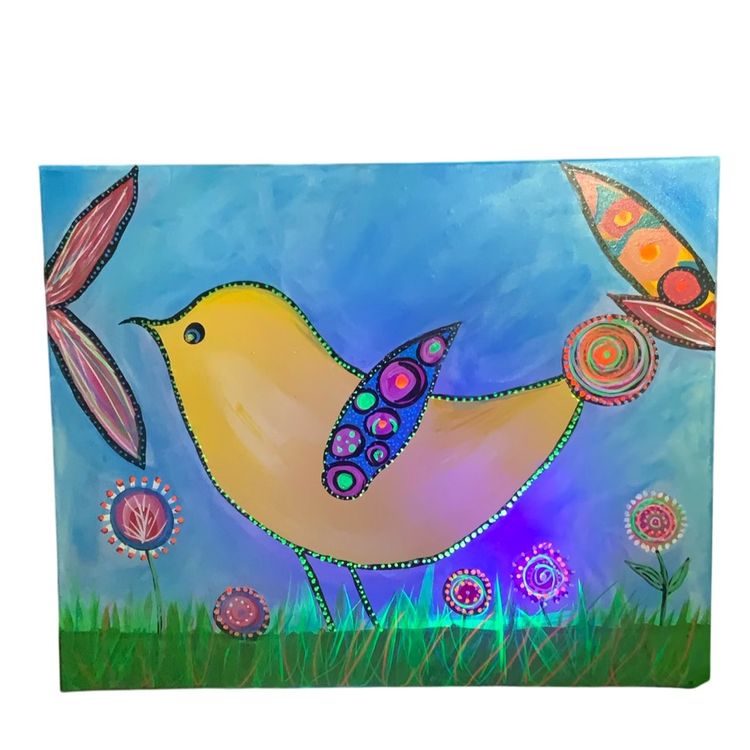 “Summer Alarm…Tweet Tweet” 🐣 Original Art Painted By @KingJulianPlays And Made By Me Lupe On 20” X 16”Mixed Media On Canvas
