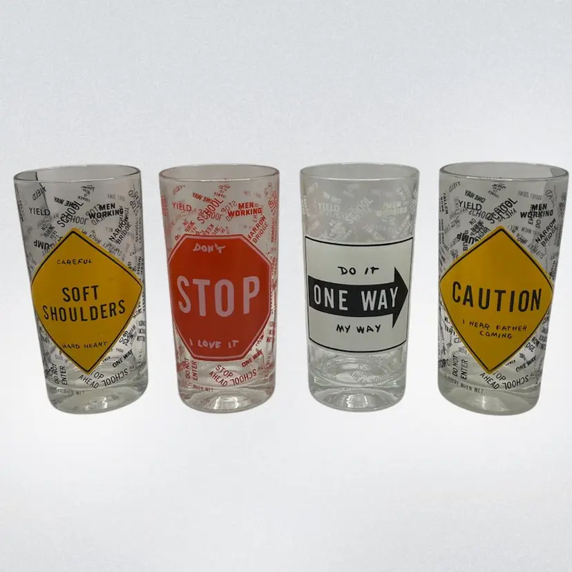Anchor Hocking Collectible Traffic Road Sign Glasses Set Of 4