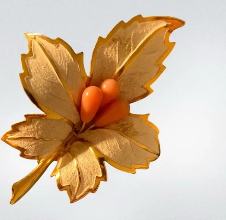 Vintage Japanese Angel Skin Coral  Maple Leaf Brooch
