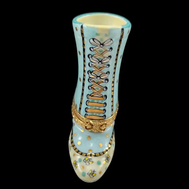 Peint Main Limoges France Blue Victorian Boot Trinket Box With Gold Accents And Butterflies, Vintage Limoges Boot Trinket Box, Shoe Trinket Box, Victorian Ladies Boot Trinket Box Porcelain