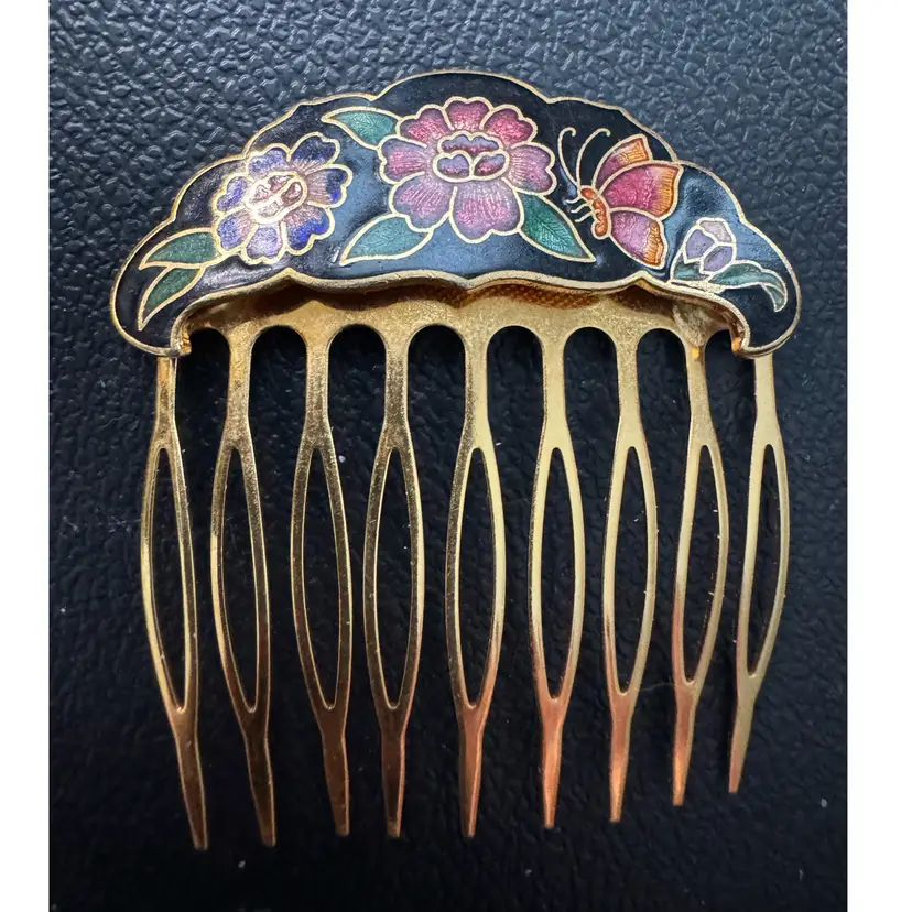 Vintage 1970s Cloisonné Enamel Hair Comb – Black with Pink Floral & Butterfly Motif, Gold-Tone Boho Hair Jewelry