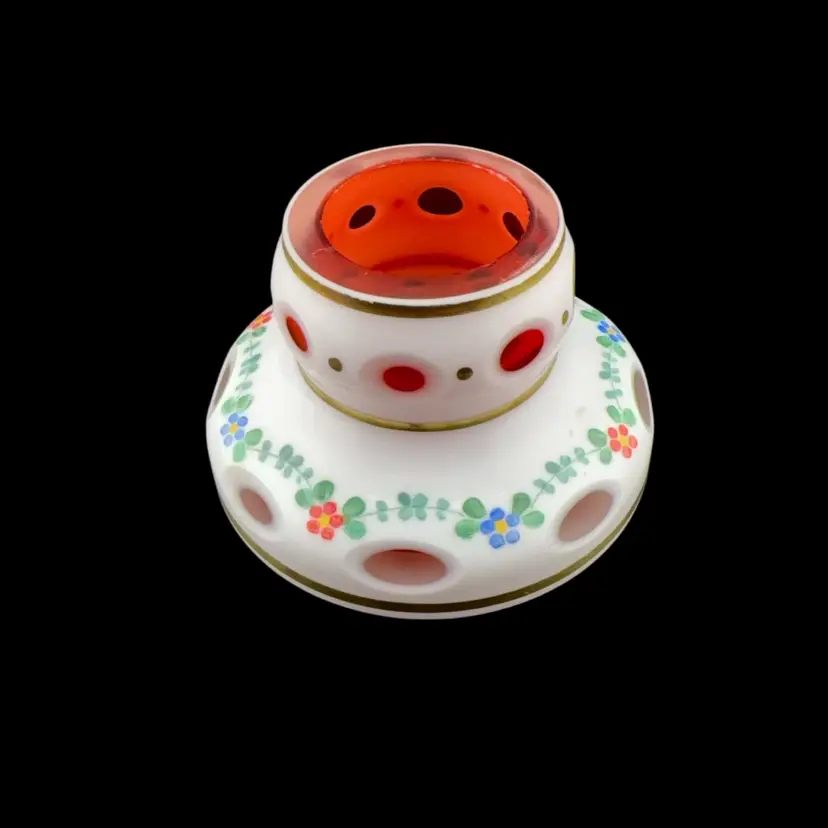 Bohemian Cranberry Glass/Porcelain Candlestick Holder 2” Tall x 3” Wide