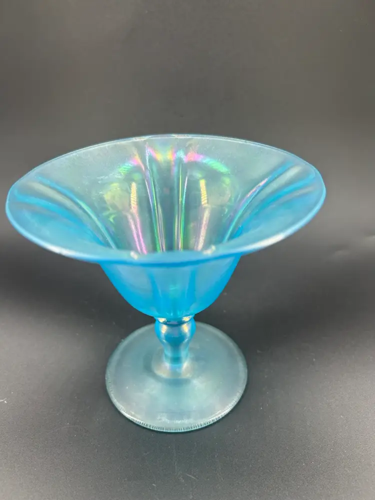 Vintage Celeste Blue Stretch Glass Iridescent Footed Dish