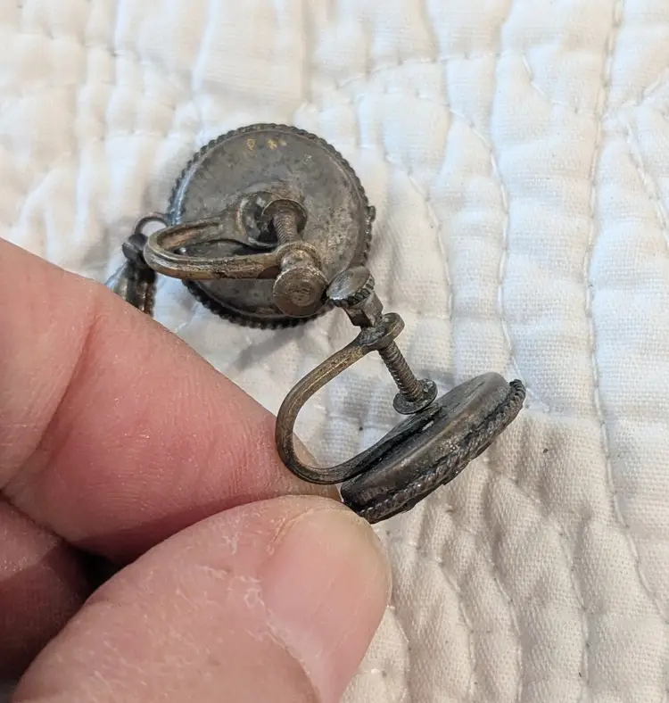 Antique Dangly Teardrop Italian Micromosaic Screw Back Earrings with Flowers on a Black Background