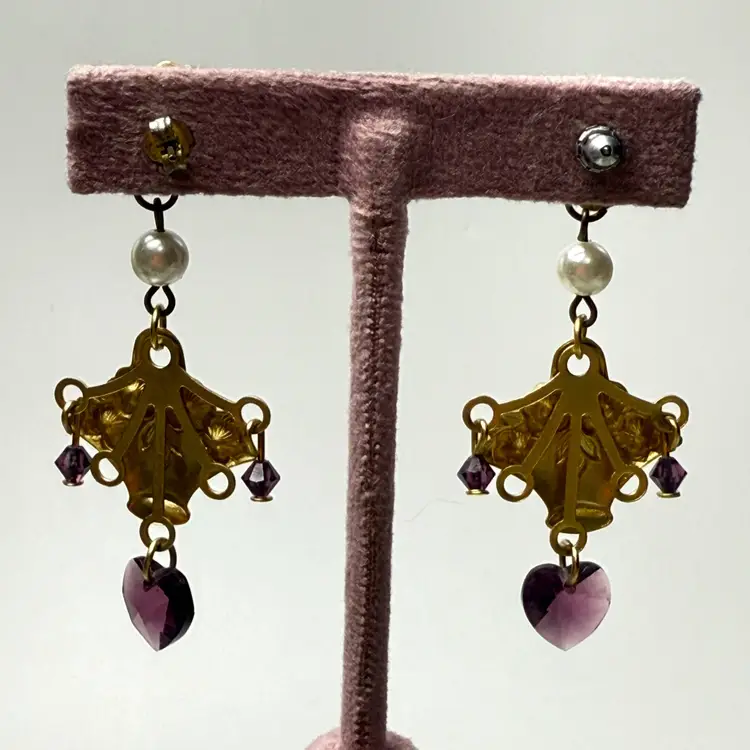 Cute Gold Tone Flower Basket Dangle Earrings Purple Stones Faux Pearls