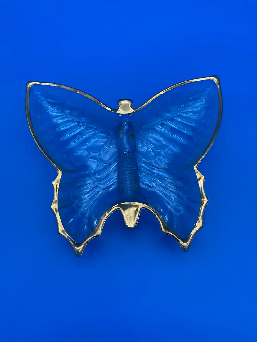 Jeanette Clear Glass w/ Gold Rim Butterfly Shaped Divided Candy or Trinket Dish