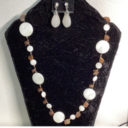 Necklace Long 24” With Mop & Pierced White Stone Earrings 1”