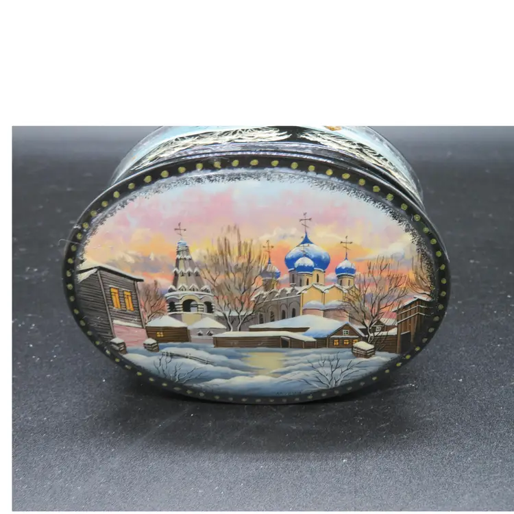 Vintage small Russian Lacquer Box with Winter Scene Orthodox Church