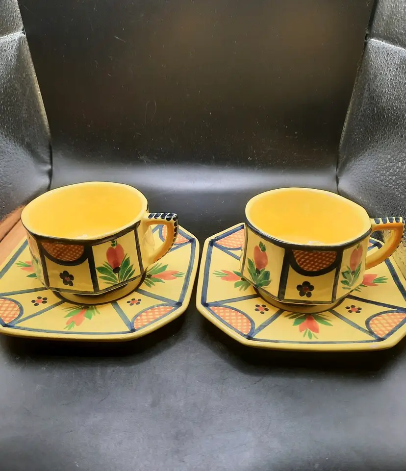 Antique Set of 2 HB Quimper Soleil Breton Man And Woman Yellow Octagonal Cup & Saucer Set Hand Painted France