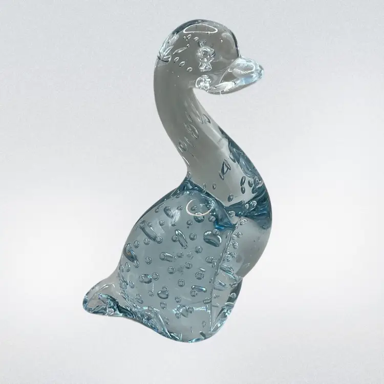 Ice Blue Glass Duck Paperweight Figurine Controlled Bubbles Glows!