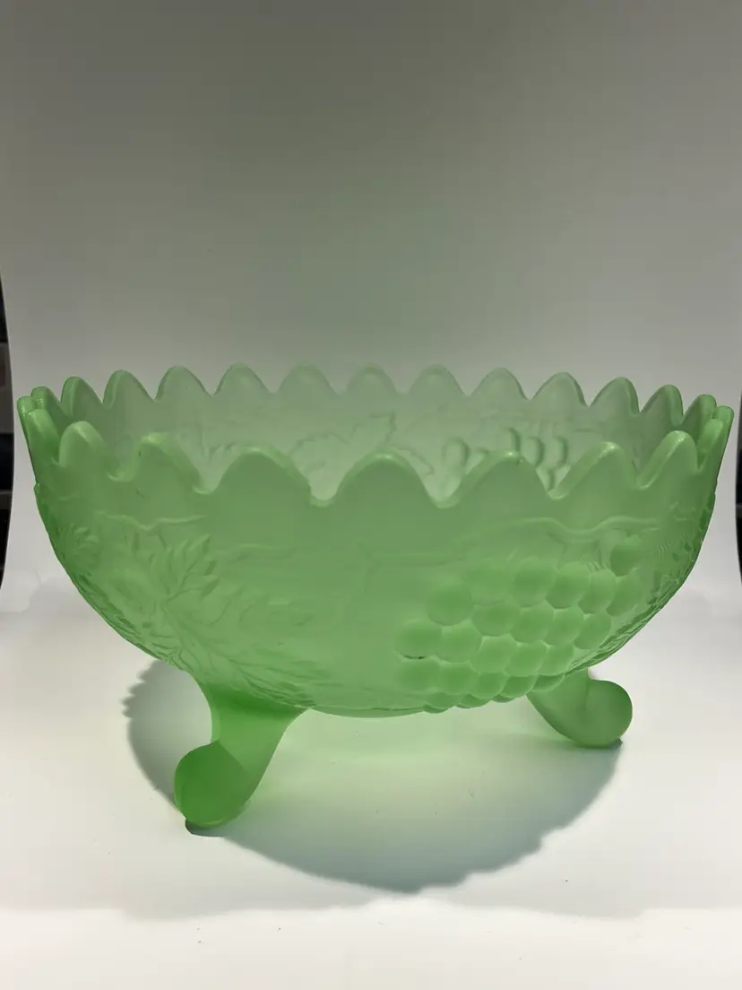 Frosted Satin Green Glass-Vintage Footed Bowl- Scalloped Edge- Grapes/Leaf pattern- 5” Tall, 9.5” Wide