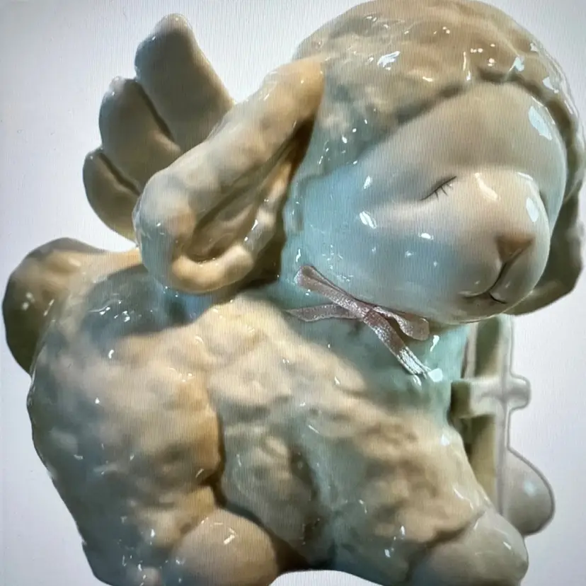 Vintage Sleeping Sheep Lamb Piggy Bank With Pink Bow By Russ Berries, Made In Philippines