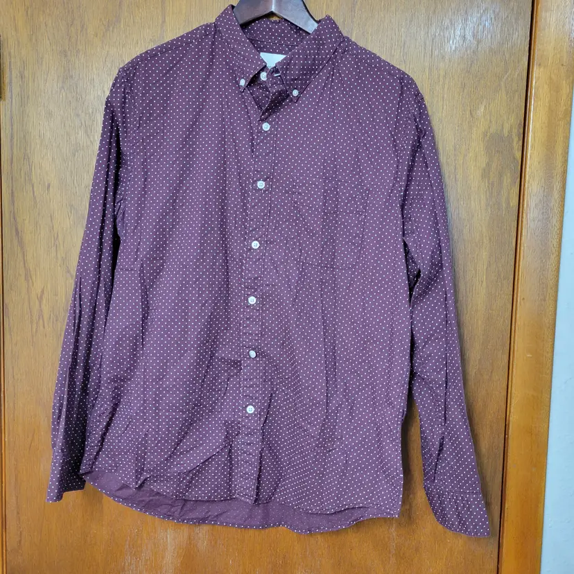 American Eagle Mens Large Burgundy Maroon Dot Button Down Shirt Long Sleeve