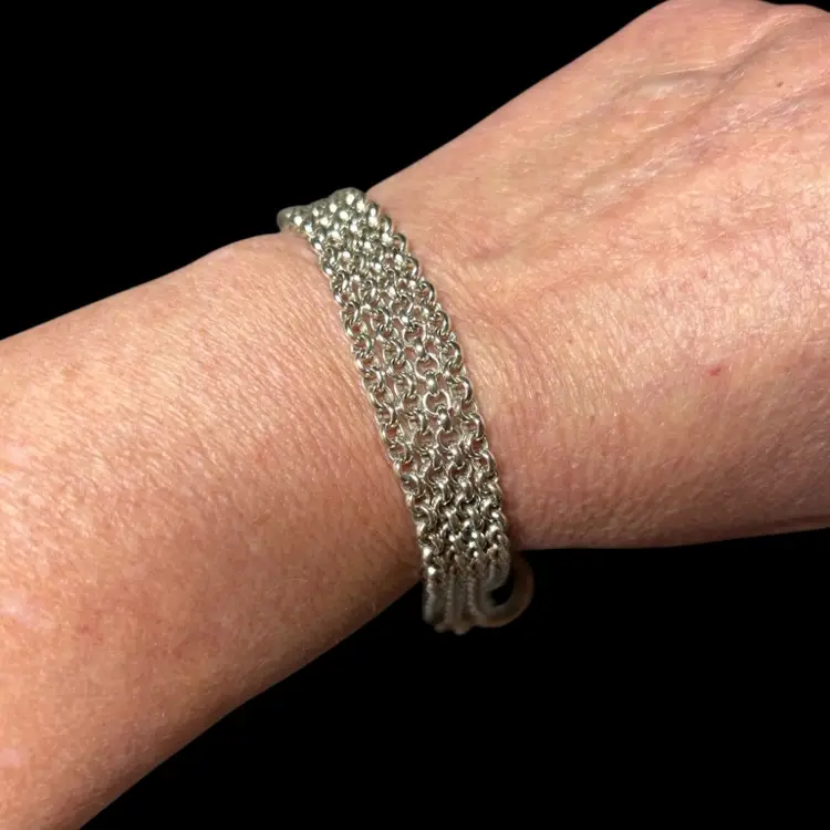 Vintage 925 Sterling Silver Four-Row Chain Bracelet with Toggle Clasp – Heavy Multi-Strand Link Bracelet – 7”, 33.4g