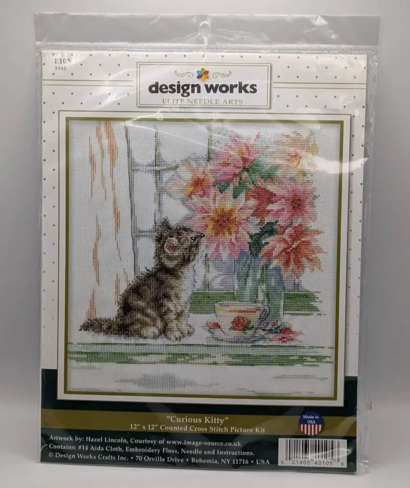 New Counted Cross stitch Kit-" Curious Kitty" by Design Works, made in USA