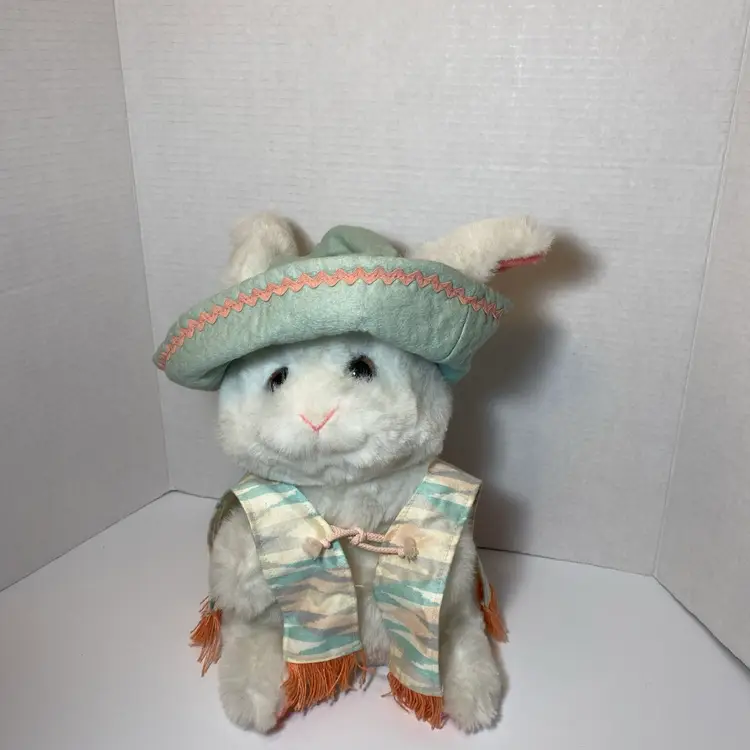 Vintage Douglas Cuddle Toy White Bunny Pink Ears Plush Easter Sombrero Poncho