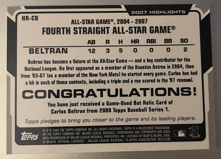 2008 Topps Carlos Beltran 2007 Highlights Game-used Bat Relic HR-CB
