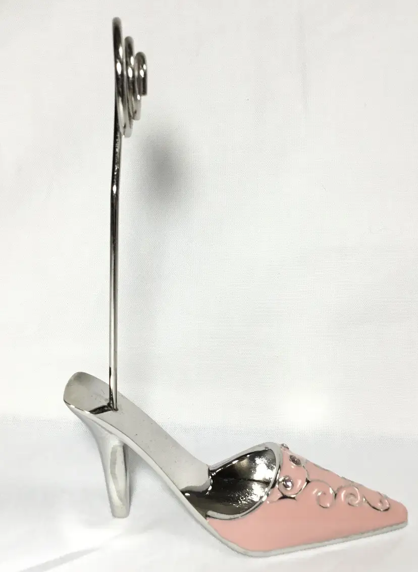 Place card, note, photo holder, pink enameled high-heel shoe, silvertone metal