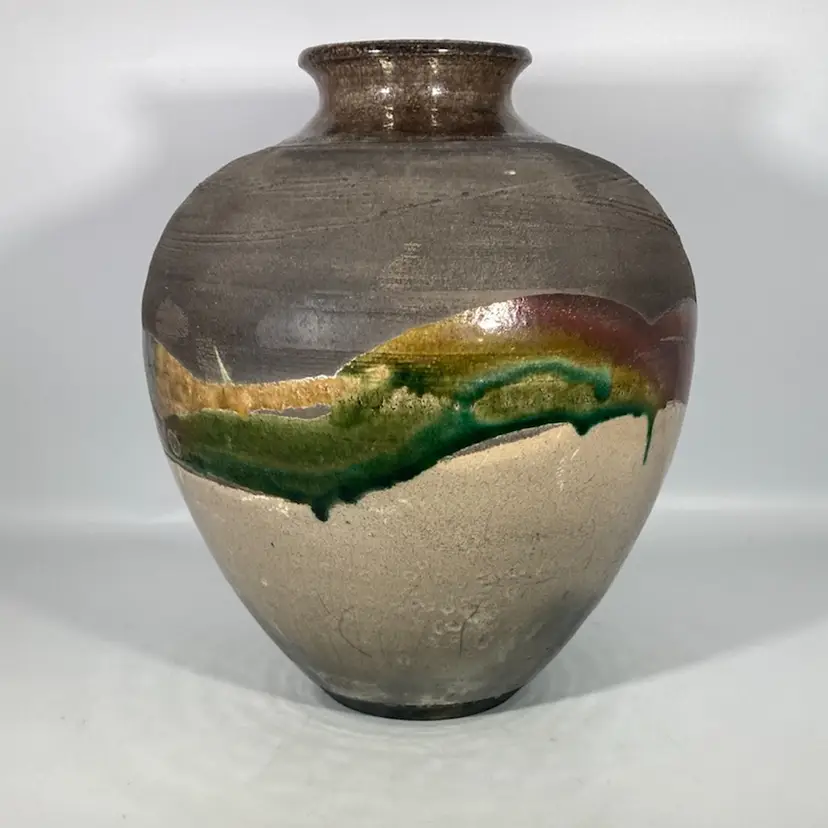 Paul Johnson 1984 Raku Fired Studio Pottery Vase Metallics 8.25” Tall Canada