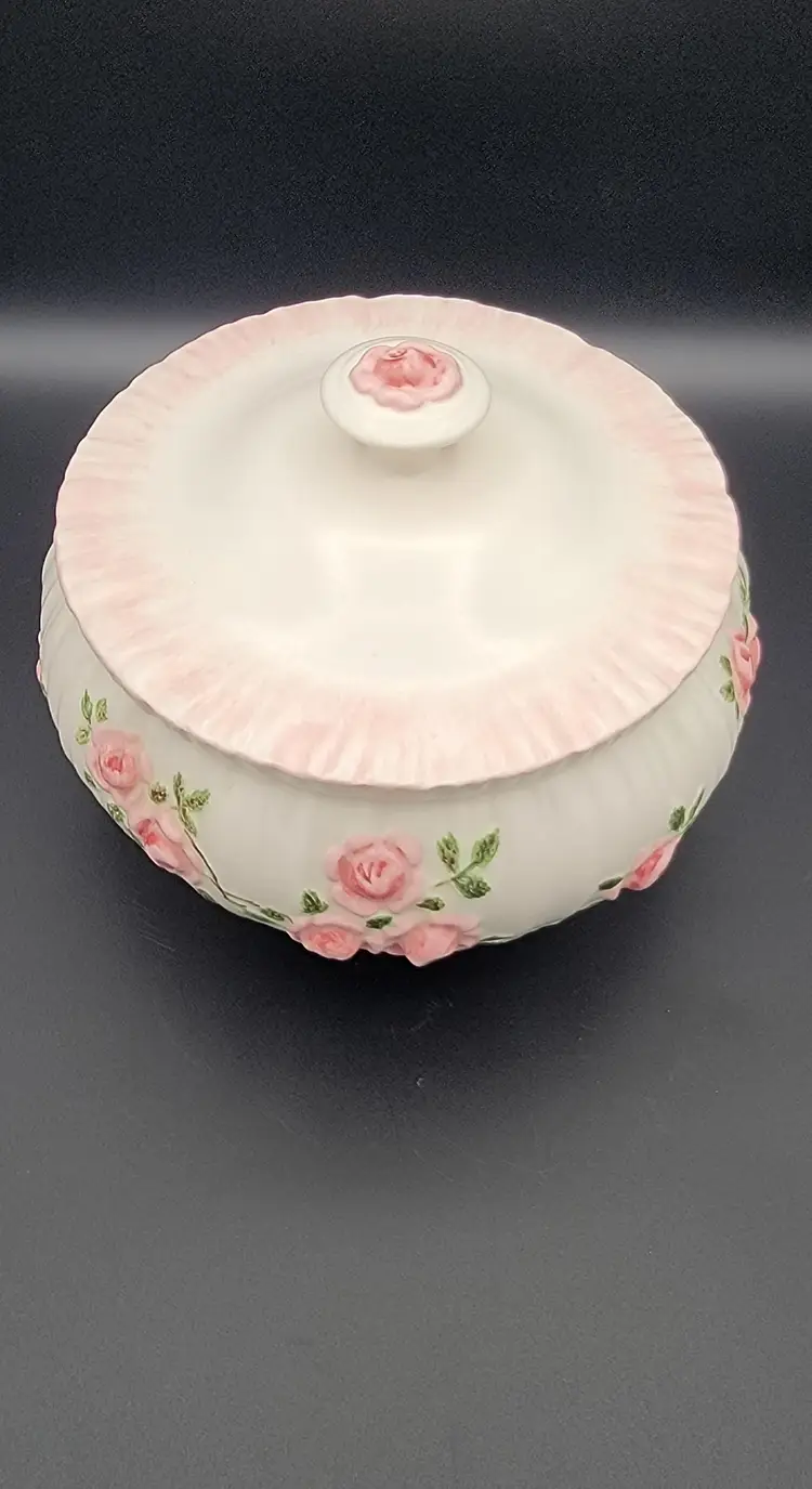 Vintage Candy Dish Ceramic Footed 3D Pink Roses with Handled/Knob Cover